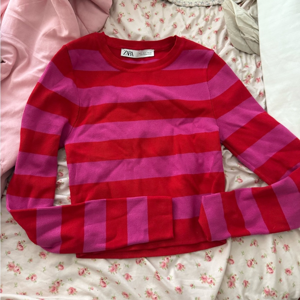 Zara Long Sleeve Pink and Red Crop Top